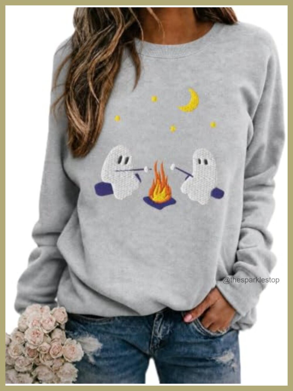 Embroidered Ghost Sweatshirt Womens Halloween Pullover Crew Neck